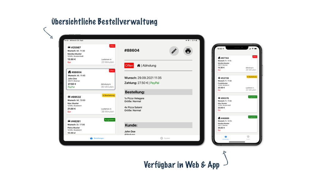 Unser Programm für Lieferdienste bietet eine einfache und übersichtliche Bestellverwaltung. Sie kann im Webbrowser und als App benutzt werden.